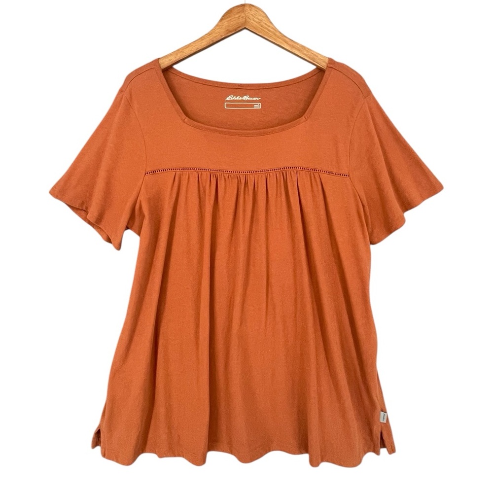 Eddie Bauer Square Neck Pleated Top 100% Cotton Drapey Fit Size Large